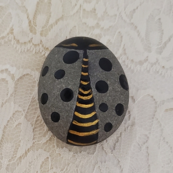 Painted Elegant Black Gray and Gold Ladybug Rock, hand painted ladybug Rock - Picture 2 of 8